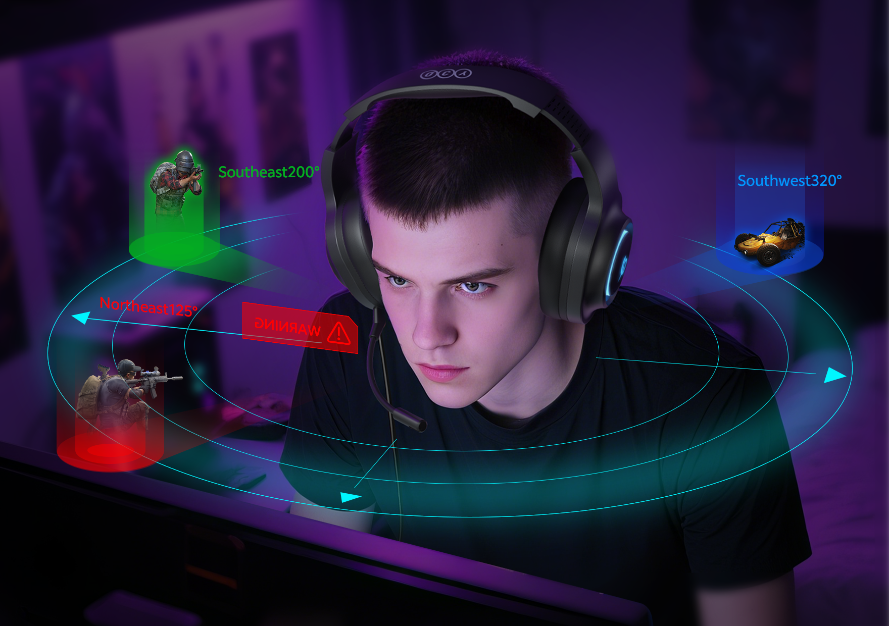 Giocatore con cuffie da gaming OCA, visualizzazione del suono a 360° per Battle Royale.