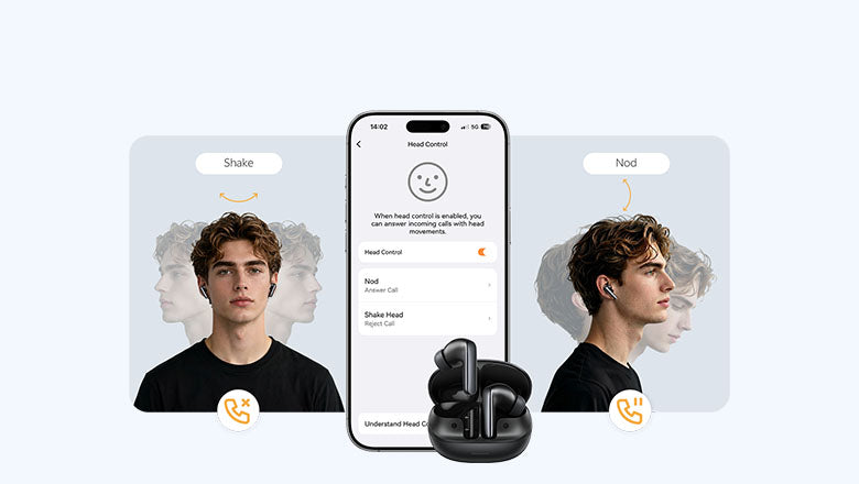 Controllo del movimento della testa per auricolari wireless: annuire per accettare, scuotere per rifiutare le chiamate tramite app per smartphone.