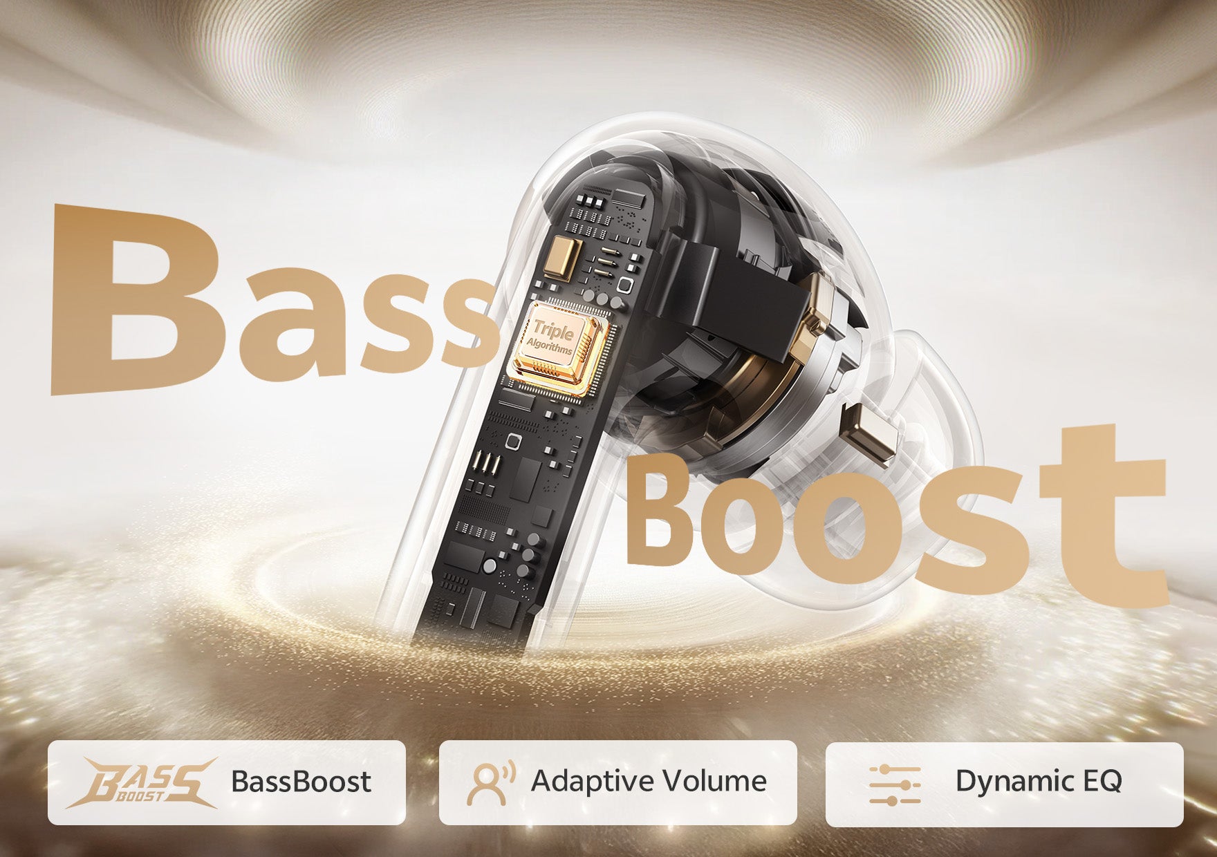 Cuffie Bluetooth con potenziamento dei bassi, tripli algoritmi, volume adattivo e equalizzatore dinamico.