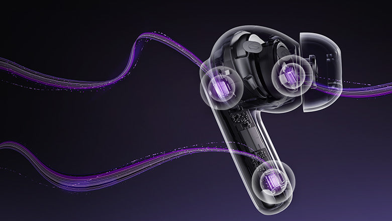 Auricolari trasparenti con effetto luce viola – design moderno per un suono di alta qualità.