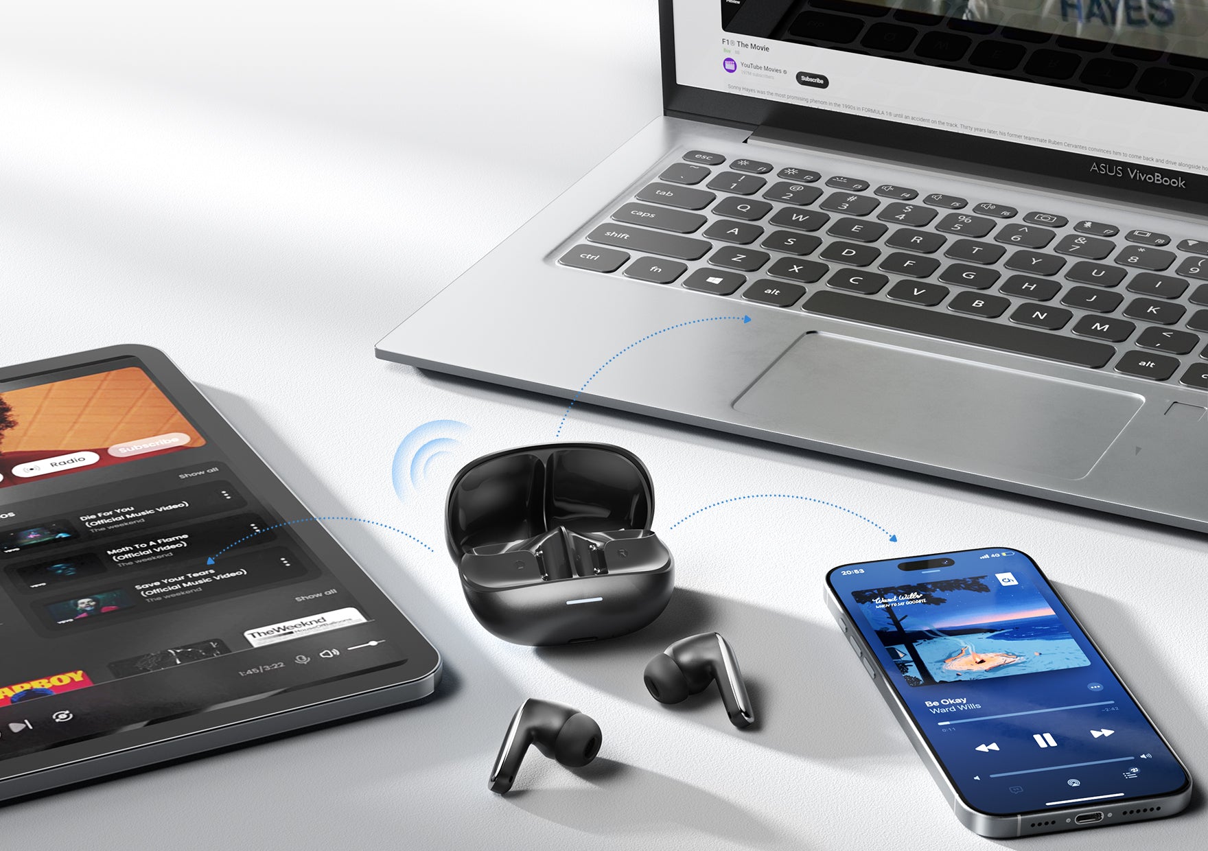Auricolari wireless con custodia di ricarica collegati a smartphone, tablet e laptop per lo streaming musicale.