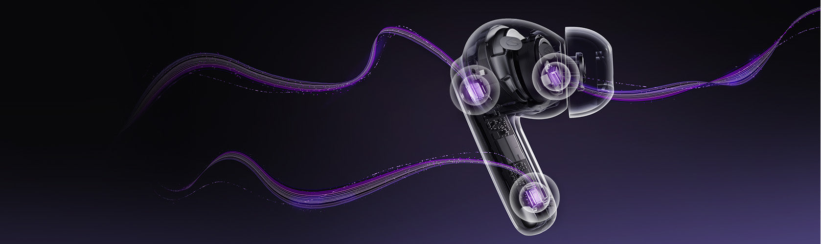 Auricolari in-ear trasparenti con effetti luminosi viola e flussi di dati fluidi.