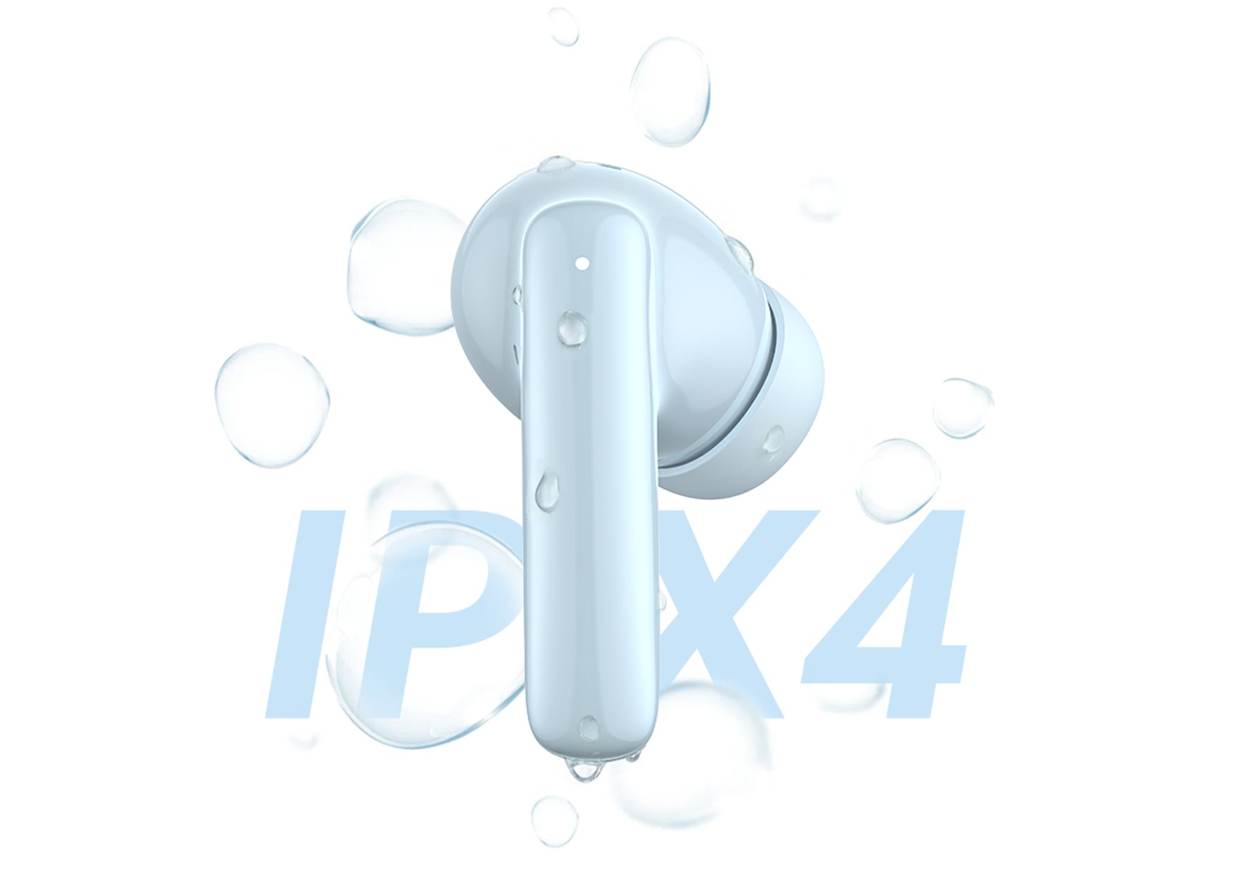 Auricolari Bluetooth resistenti all'acqua con protezione IPX4, circondati da gocce d'acqua su sfondo bianco.