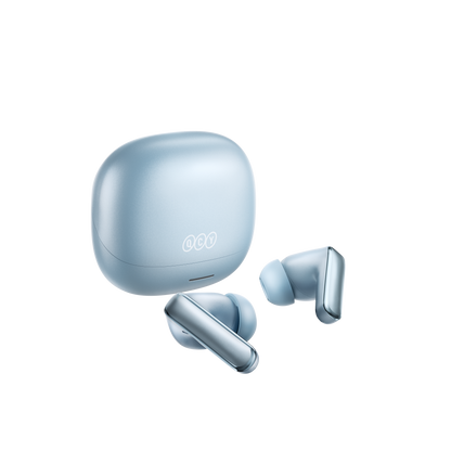 MeloBuds N65 – eleganti cuffie Bluetooth azzurro chiaro con custodia di ricarica.