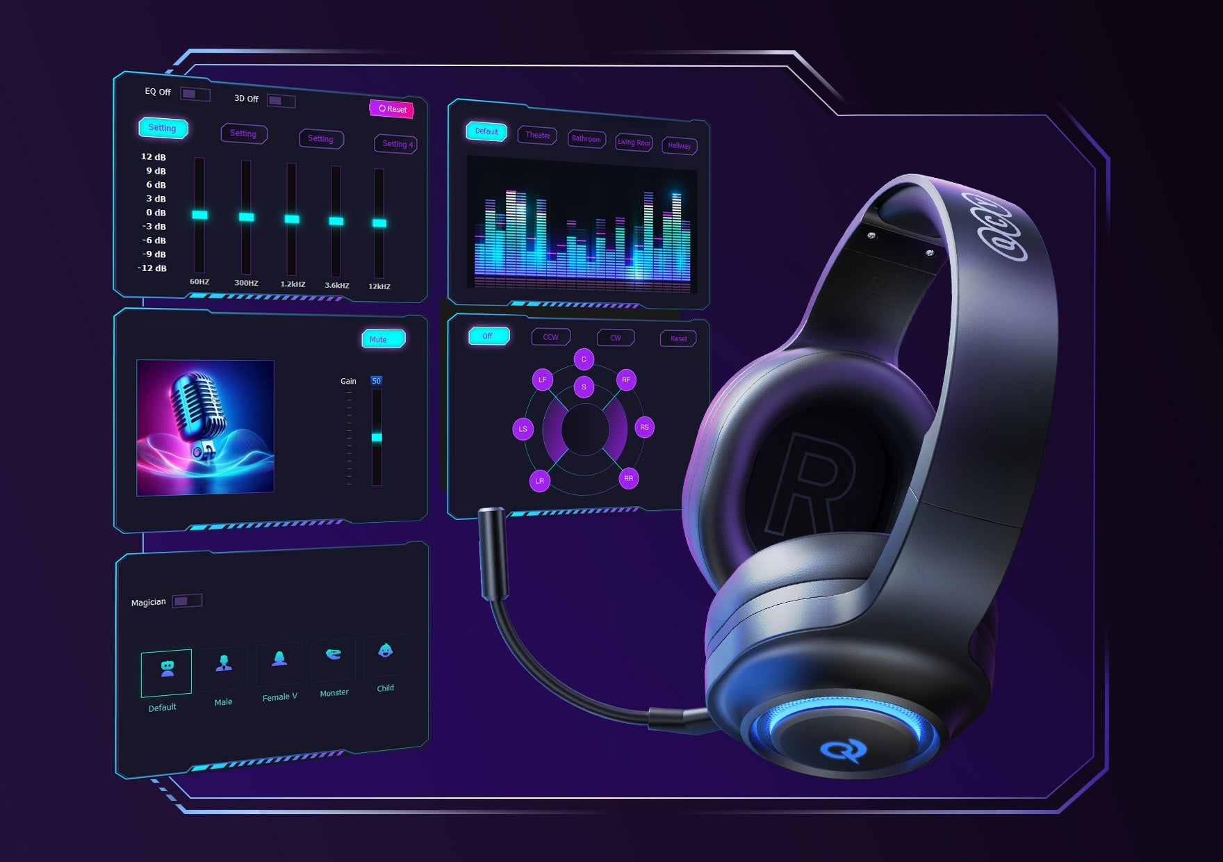 Set di cuffie da gioco nere con luce RGB e interfaccia software intuitiva per la personalizzazione audio.