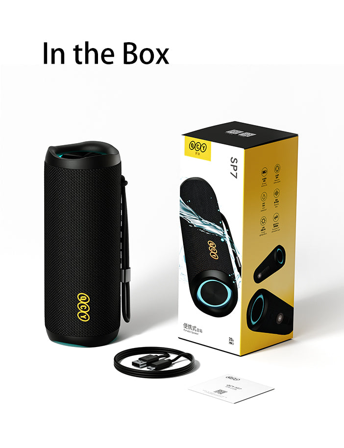 OCCO SP7 altoparlante Bluetooth portatile con cavo USB e confezione.