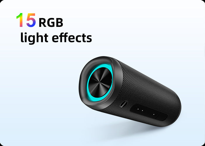 Altoparlante Bluetooth portatile nero con 15 effetti luce RGB e anello turchese.