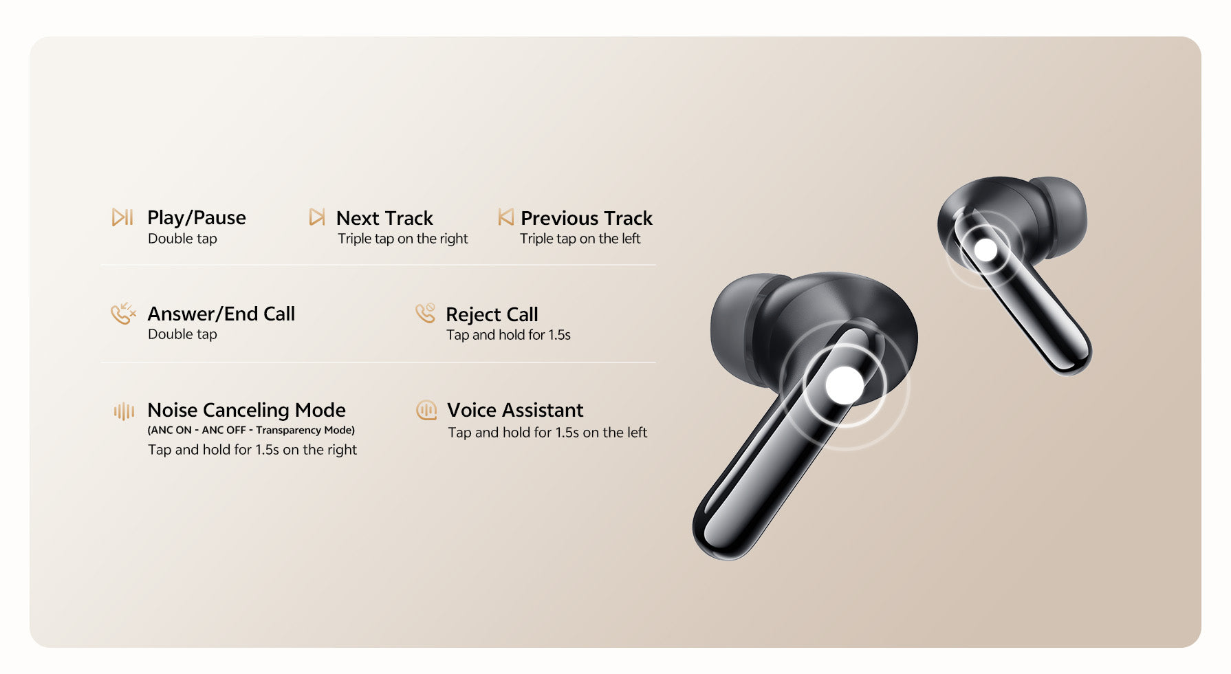 Manuale d'uso per auricolari wireless: controllo touch, ANC e assistente vocale.