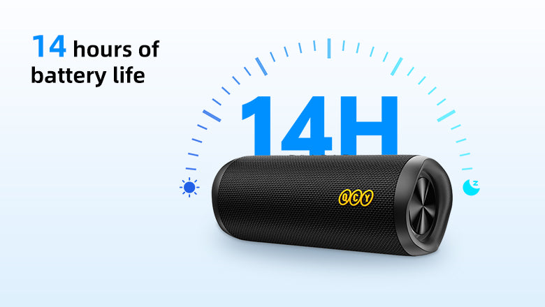 Altoparlante Bluetooth portatile nero con 14 ore di autonomia della batteria. Ideale per ascoltare musica in movimento.