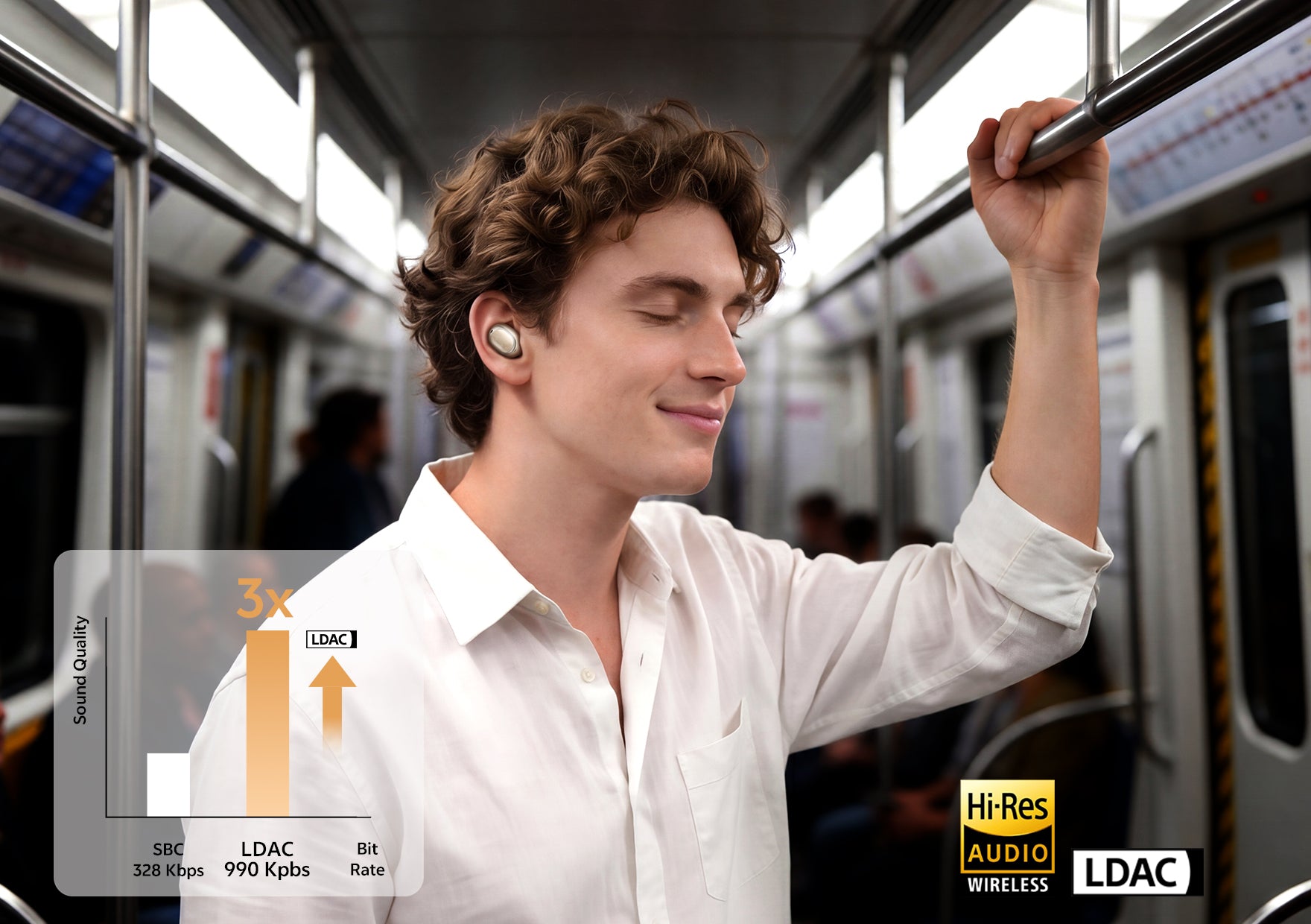 Uomo con cuffie Bluetooth LDAC nella metropolitana.