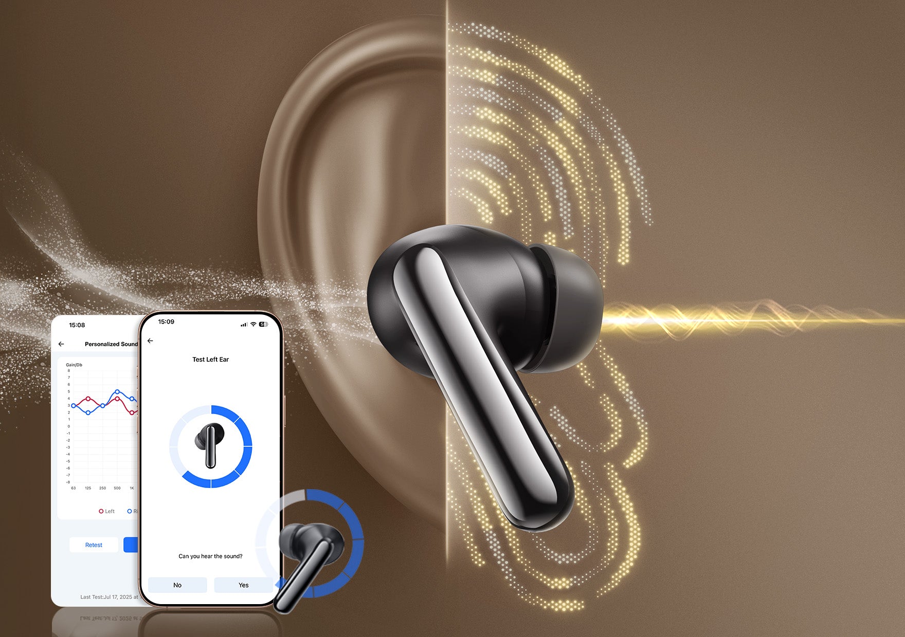 Cuffie wireless nere con app per suono personalizzato e test dell'udito, rappresentate con orecchio stilizzato e onda sonora