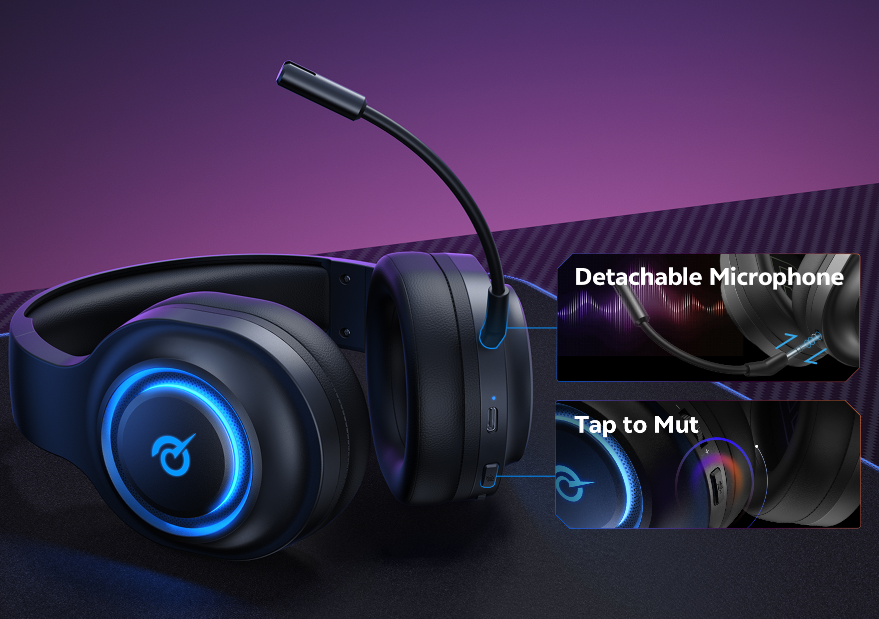 Cuffie da gaming nere con microfono rimovibile e funzione di silenziamento touch.