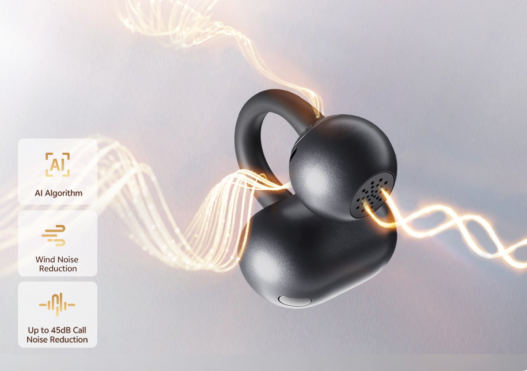 Auricolari wireless neri con algoritmo AI e cancellazione del rumore del vento. Fino a 45dB di riduzione del rumore per chiamate chiare