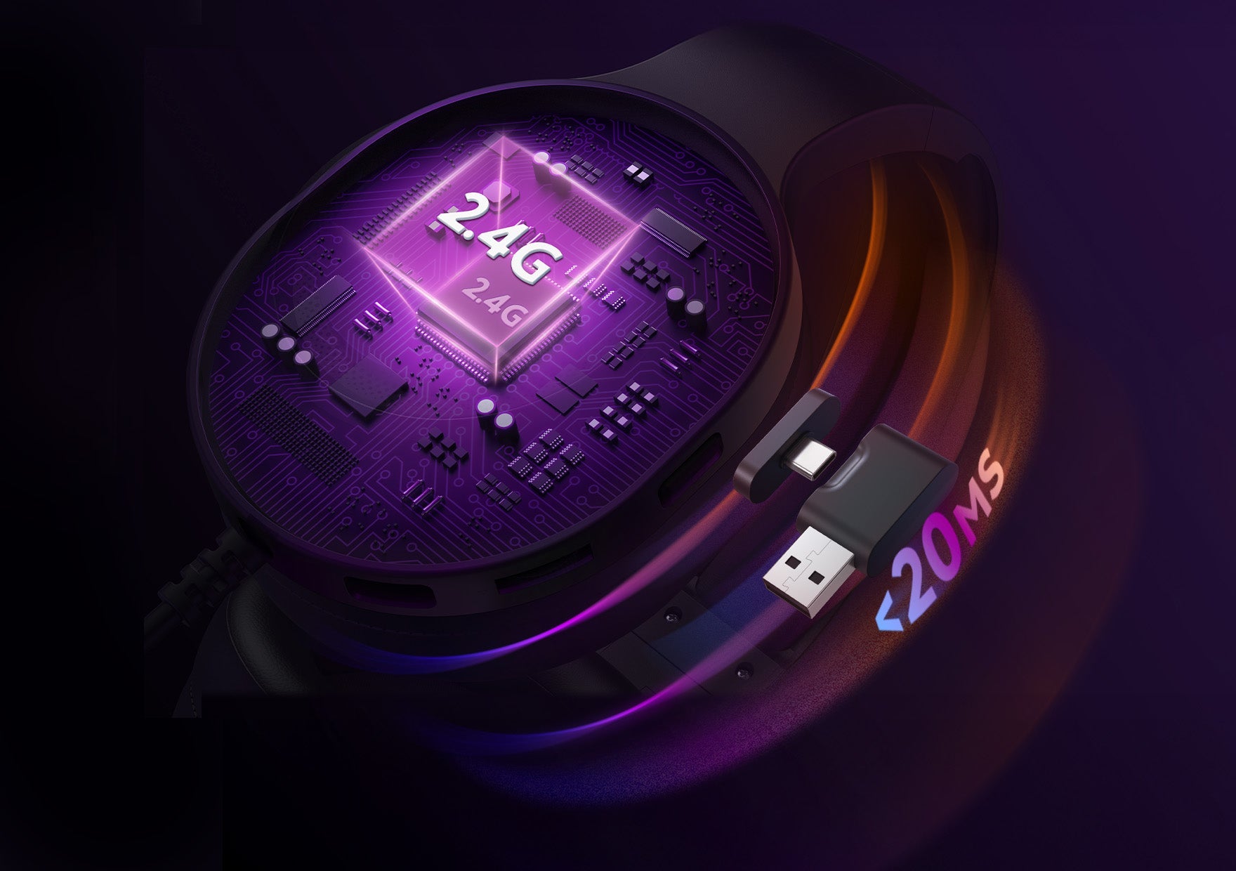 Mouse da gioco 2.4G con tempo di risposta <20ms, connettore USB-C e USB-A, circuito stampato illuminato per una trasmissione dati veloce.