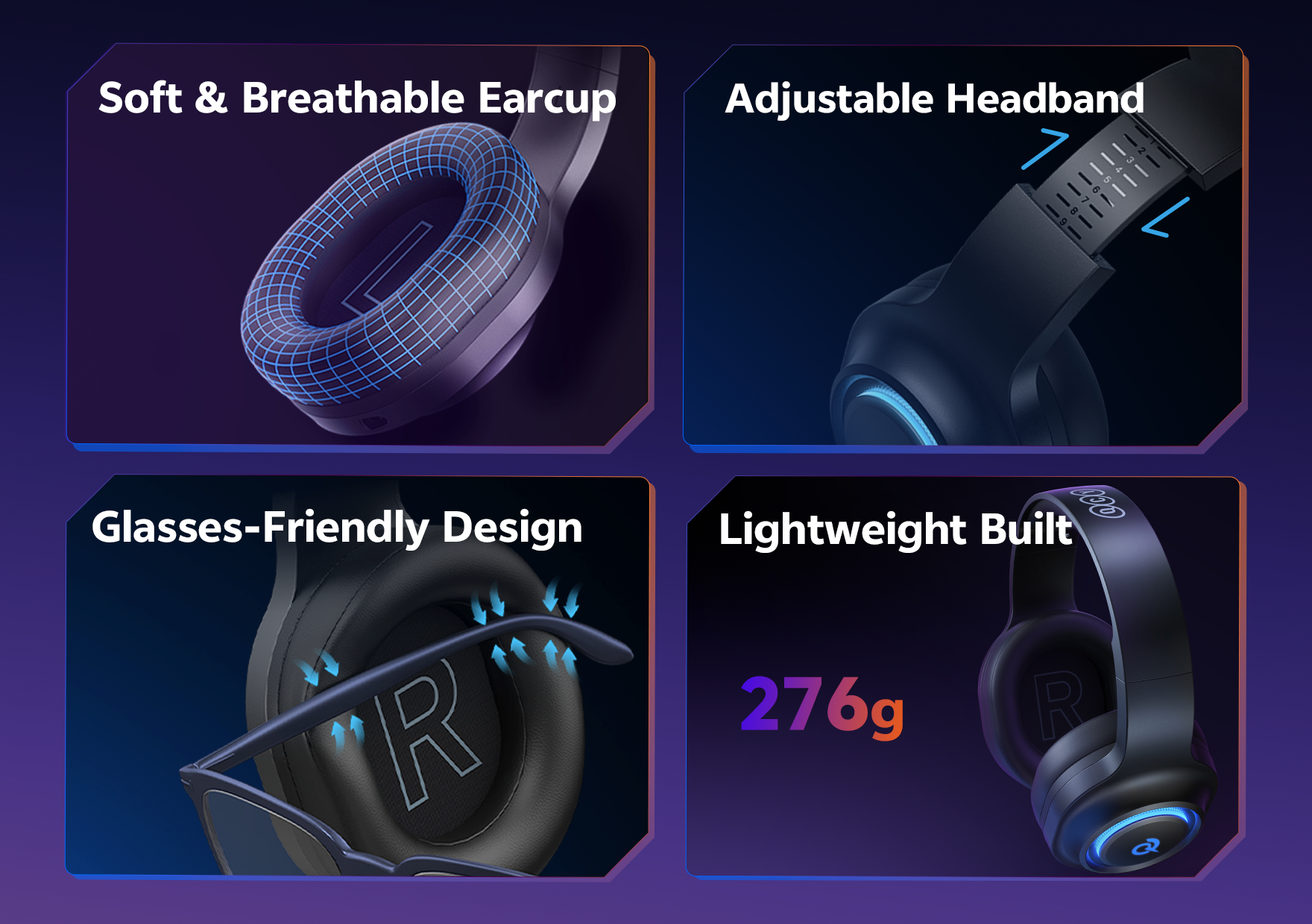 Cuffie over-ear nere con morbidi cuscinetti auricolari, archetto regolabile e design leggero (276 g).