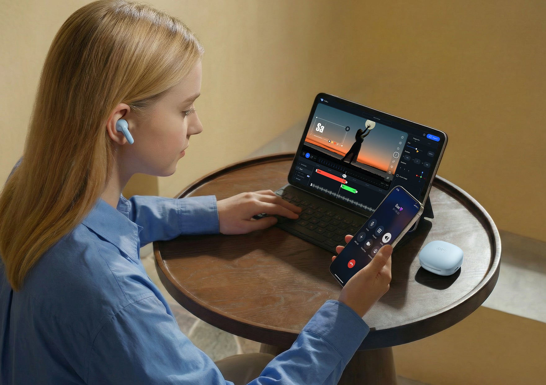 Donna con cuffie blu lavora al laptop e allo smartphone, accanto a lei custodia di ricarica per cuffie sul tavolo.