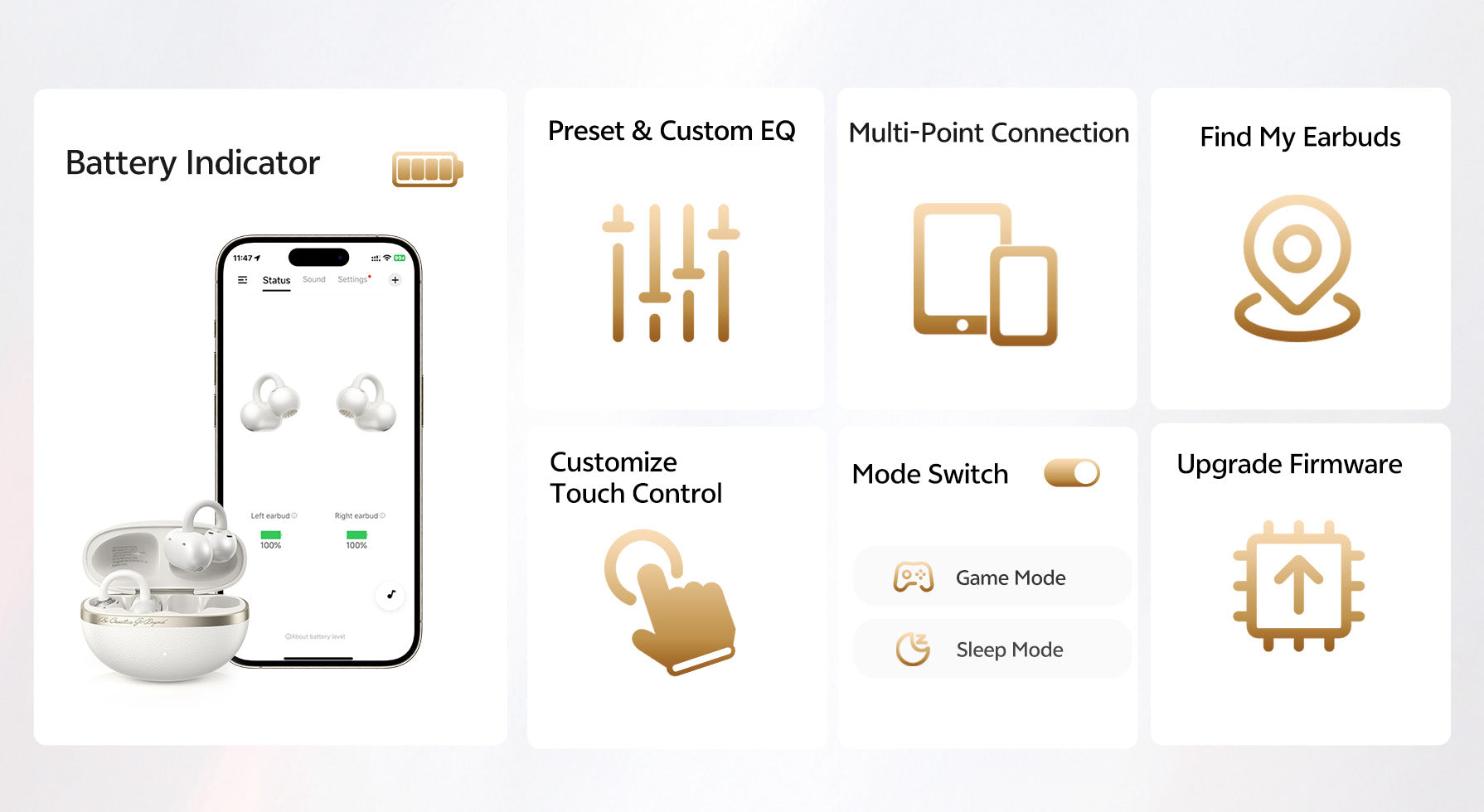 Auricolari wireless bianchi con app che mostra batteria, equalizzatore, connessione multipunto e altro.