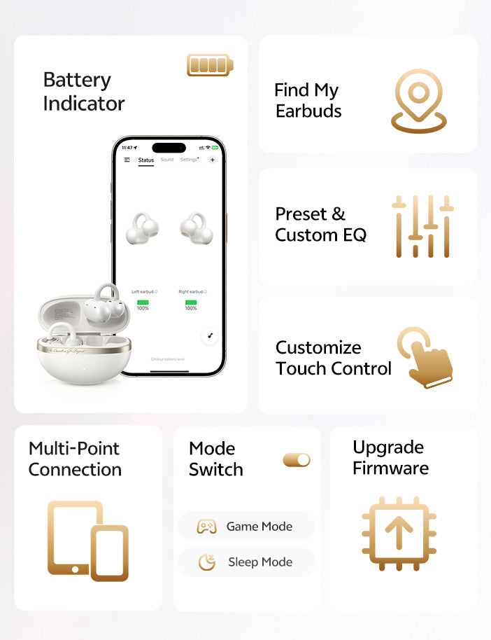Auricolari Bluetooth con controllo tramite app: batteria, equalizzatore, controllo touch, multi-punto e aggiornamento firmware.