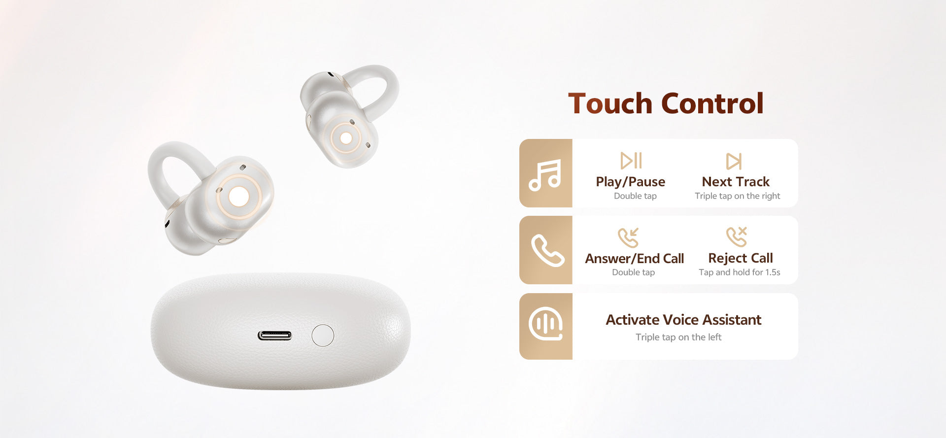 Auricolari wireless bianchi con controllo touch e custodia di ricarica.