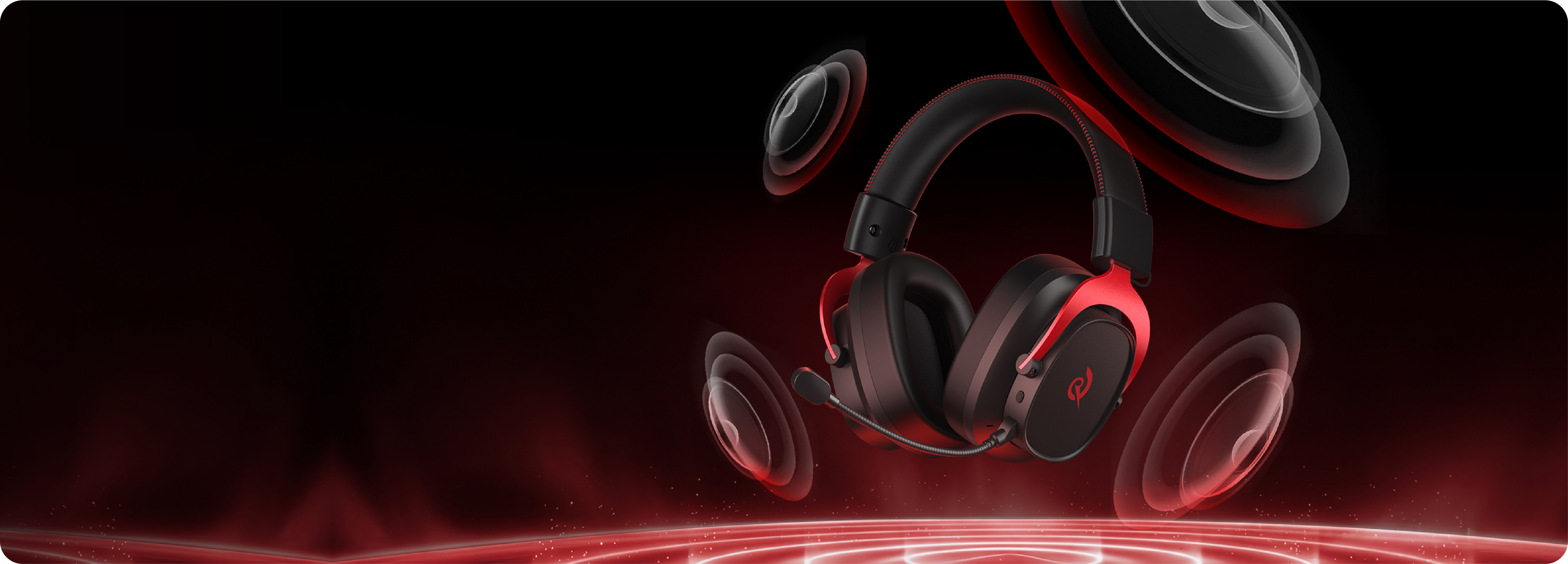 Cuffie da gioco Razer con accento rosso e microfono, circondate da onde sonore dinamiche su sfondo scuro.