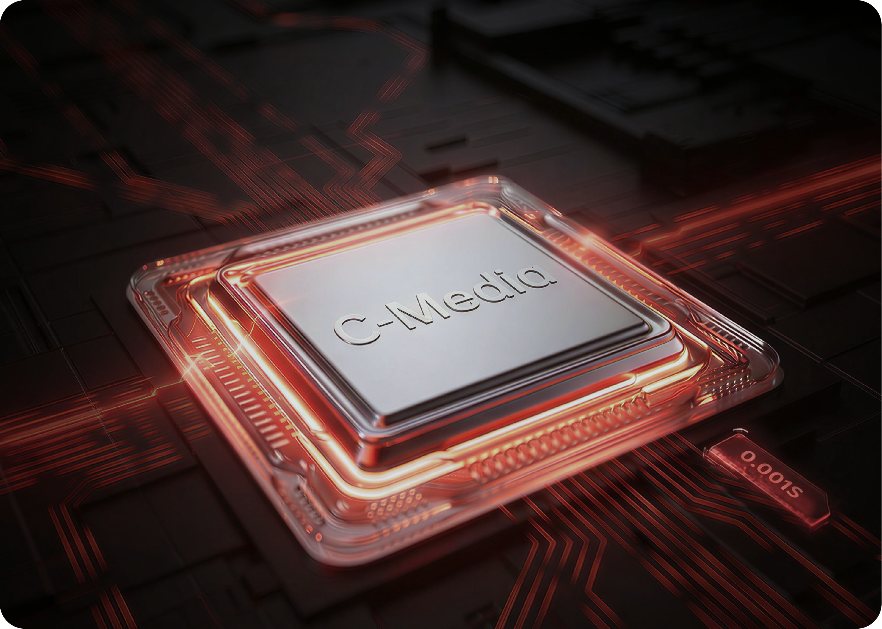Chip C-Media con connessioni rosse luminose su uno sfondo futuristico, tecnologia ad alte prestazioni per audio