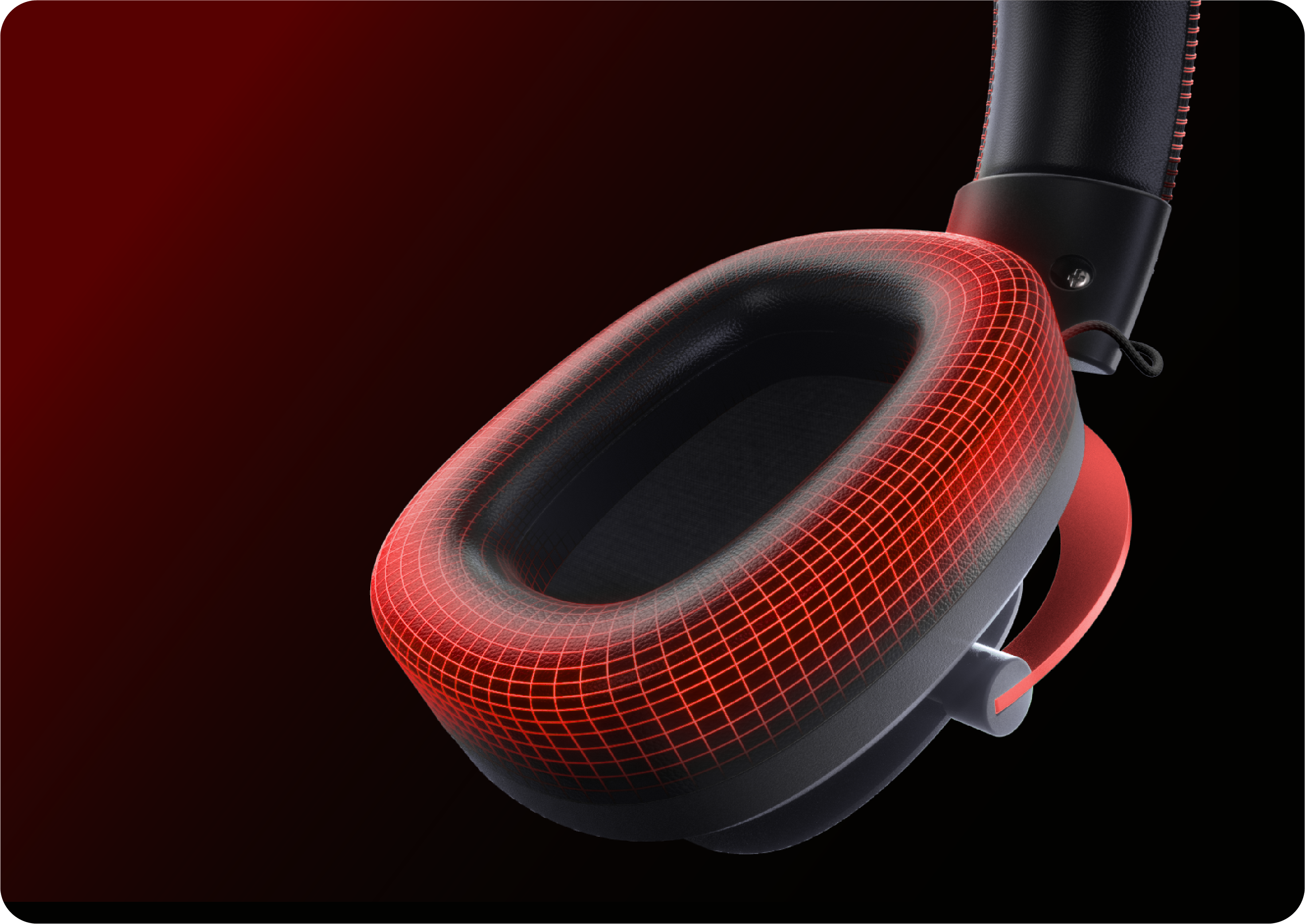 Cuffie rosse con struttura a rete 3D, design nero-rosso, cuffia moderna per qualità del suono e comfort ottimali.
