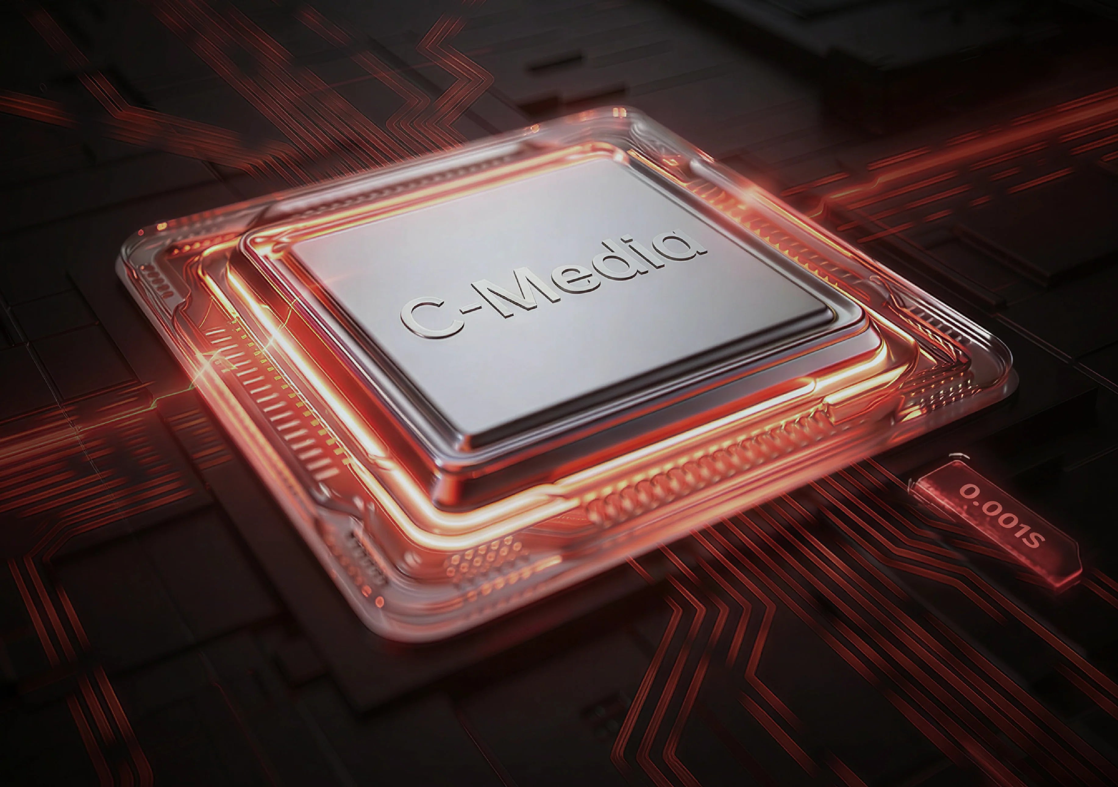 Chip C-Media con linee rosse luminose su una scheda madre futuristica.
