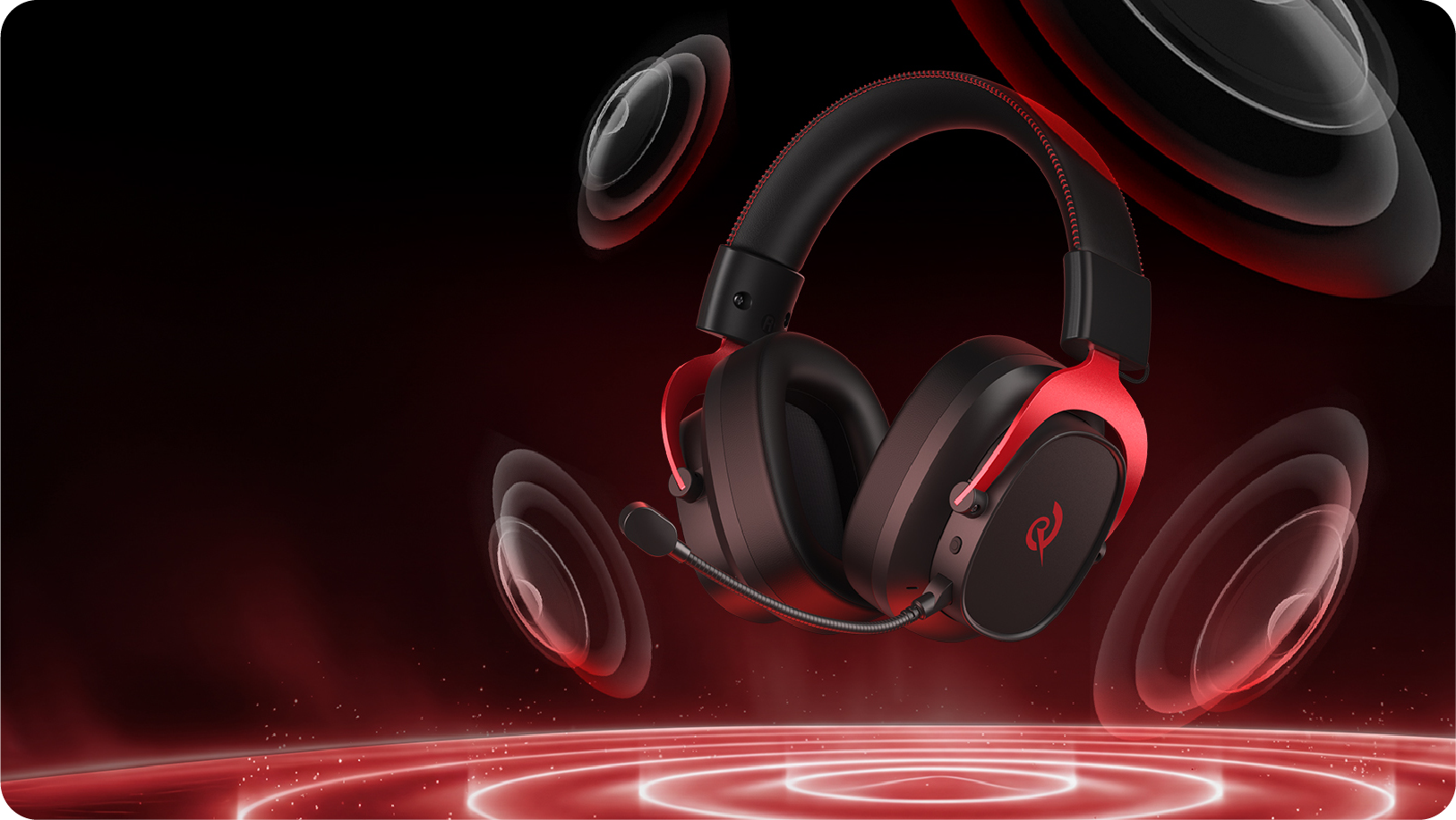 Cuffie da gioco Razer con accento rosso e microfono, circondate da onde sonore su sfondo scuro