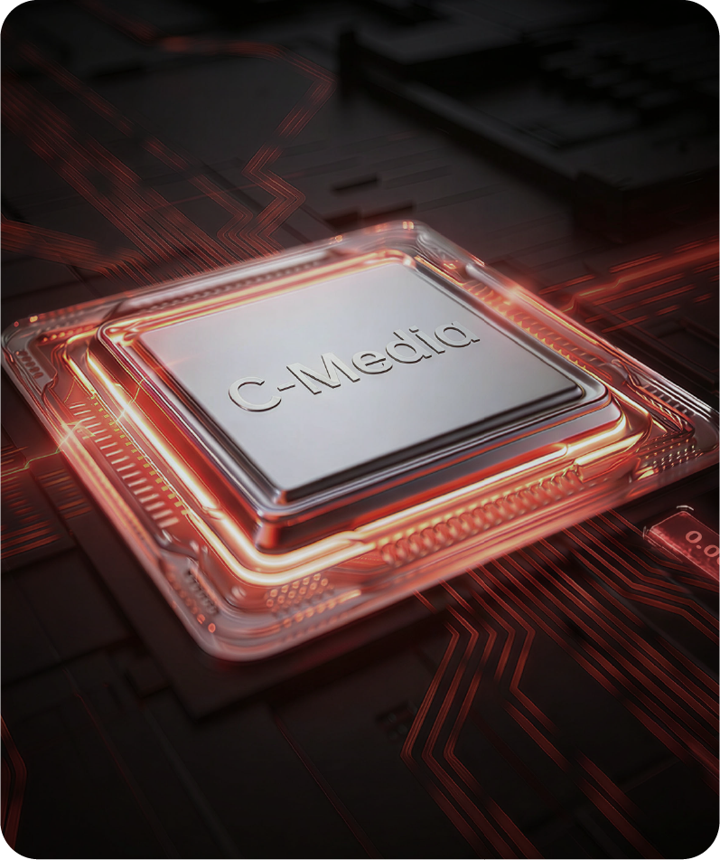 Chip C-Media su circuito stampato con linee di alimentazione rosse luminose