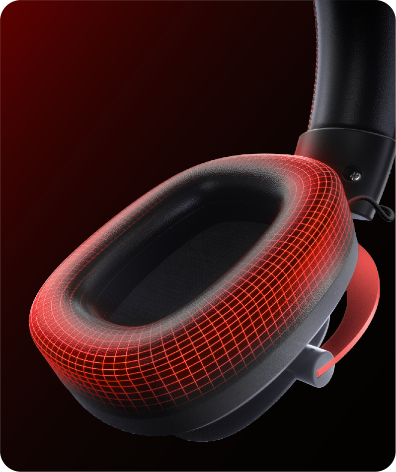 Cuffie rosse con cuscinetti auricolari neri e motivo a griglia rossa, design moderno, tecnologia audio di alta qualità