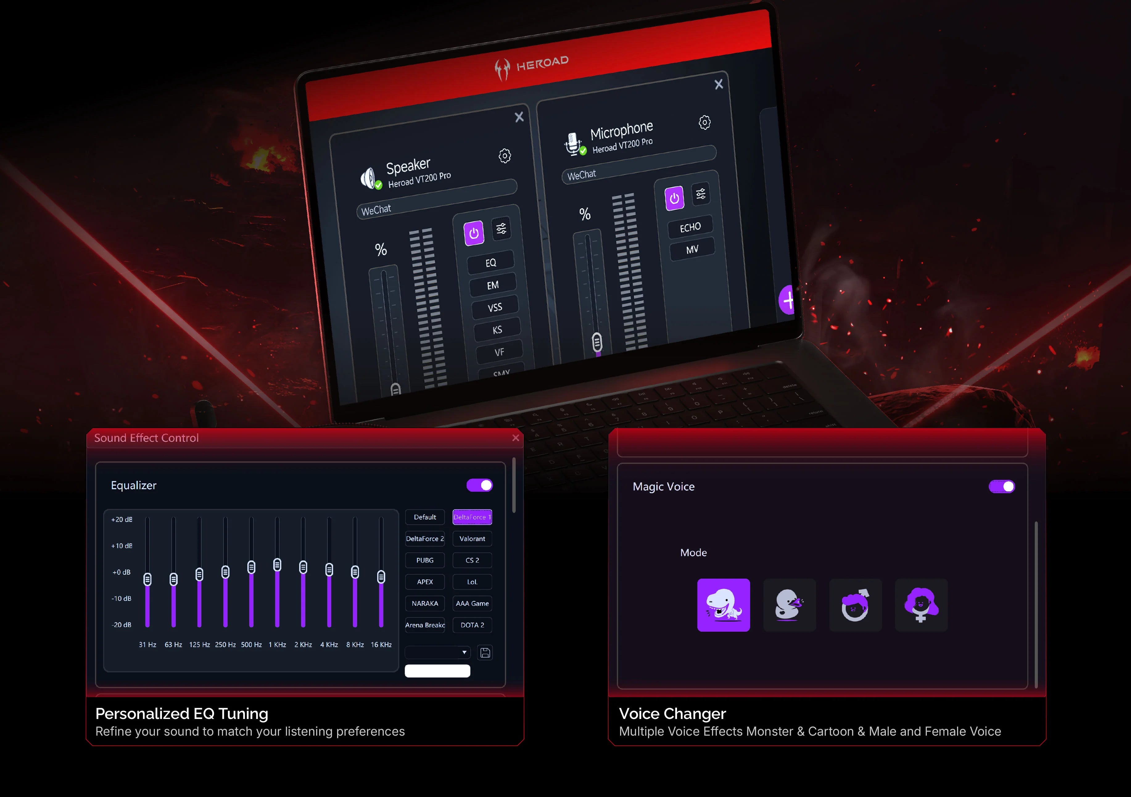 Cuffie da gioco Heraod VT200 Pro con equalizzatore, voice changer ed effetti sonori per un'esperienza audio ottimale.