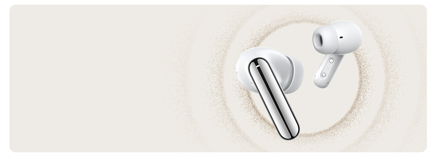 Auricolari wireless bianchi con design moderno e superficie lucida su sfondo chiaro.