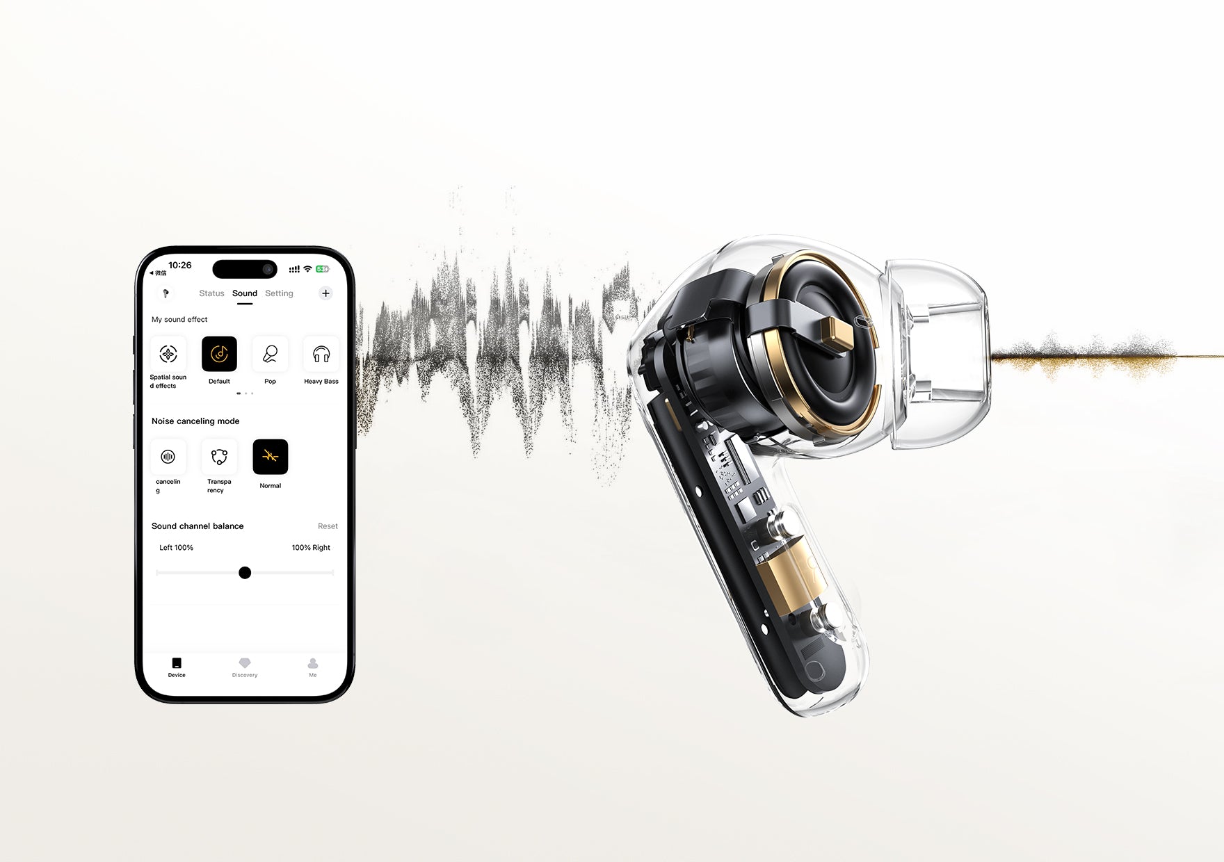 Auricolari wireless con controllo tramite app per cancellazione del rumore e ottimizzazione del suono, design trasparente con accenti dorati