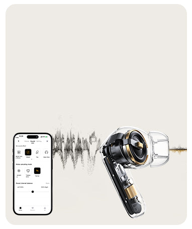 Auricolari Bluetooth con controllo tramite app e visualizzazione delle onde sonore, design moderno con custodia trasparente