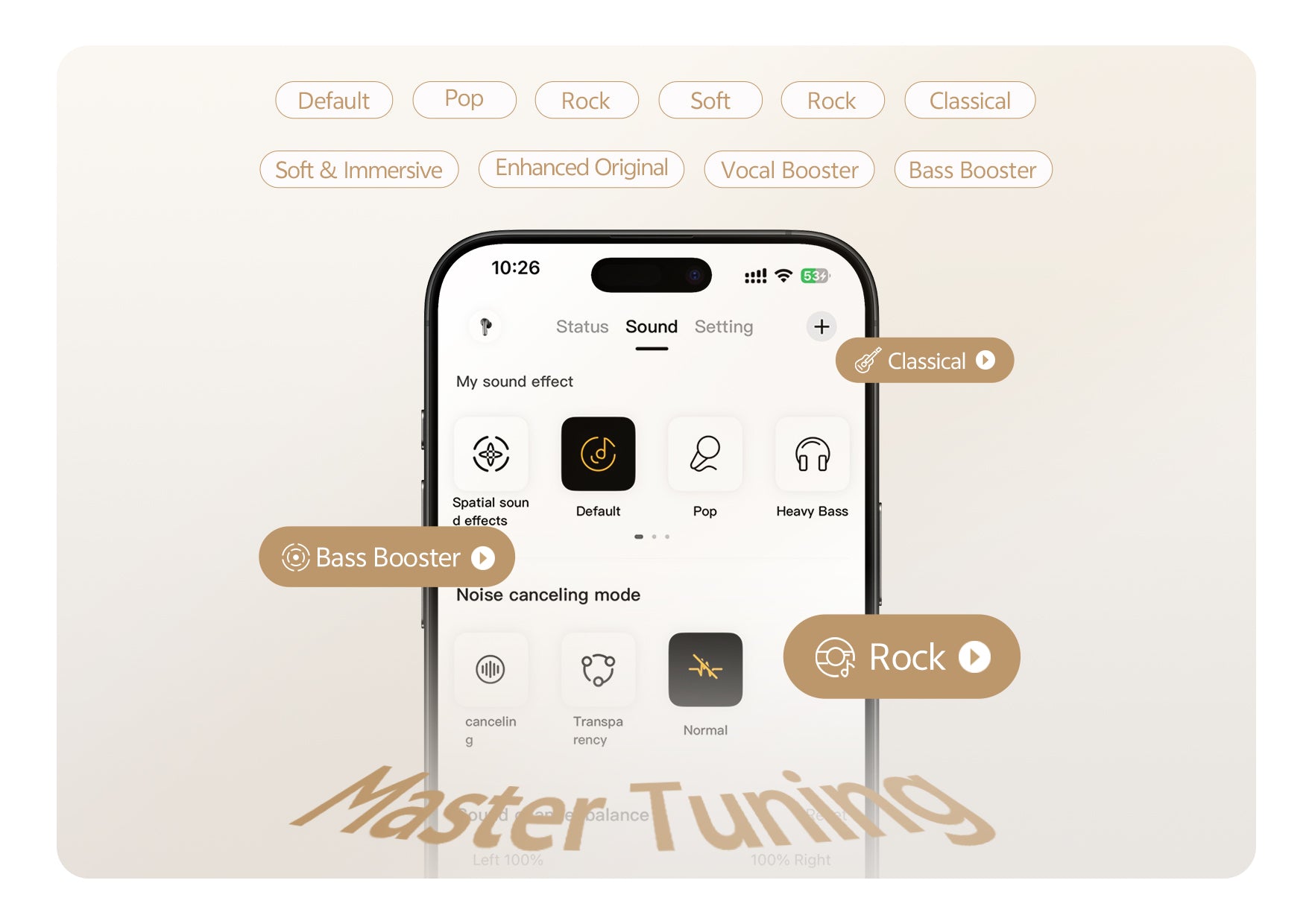 Smartphone con impostazioni audio: Predefinito, Pop, Rock, Classica, Potenziatore dei bassi. App Master Tuning.