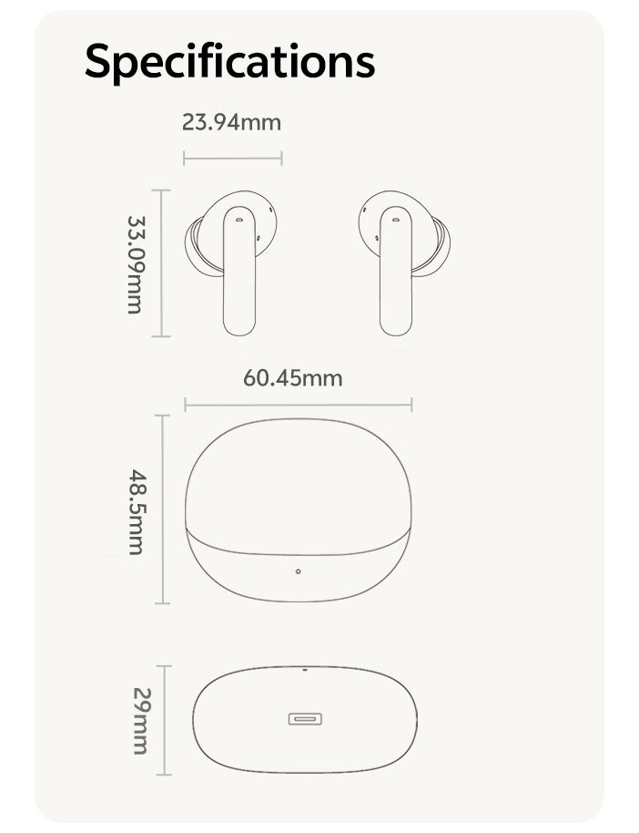 Specifiche degli auricolari wireless con dimensioni e custodia di ricarica.