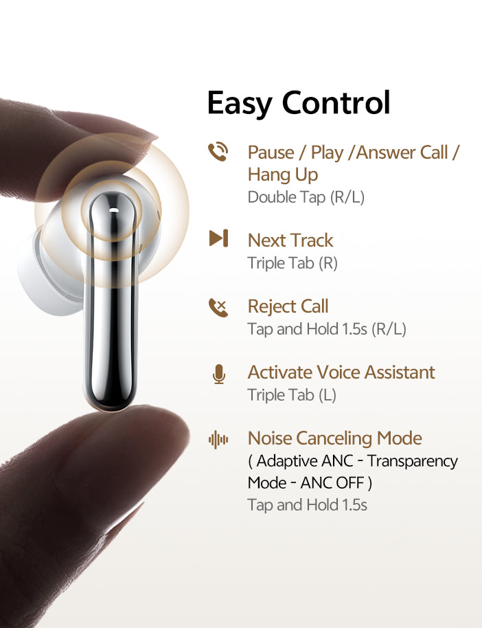 Auricolari True Wireless argento con controllo touch per musica, chiamate e ANC.