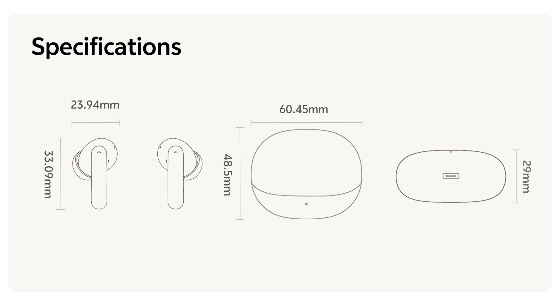 Specifiche tecniche degli auricolari wireless e della custodia di ricarica con dimensioni.