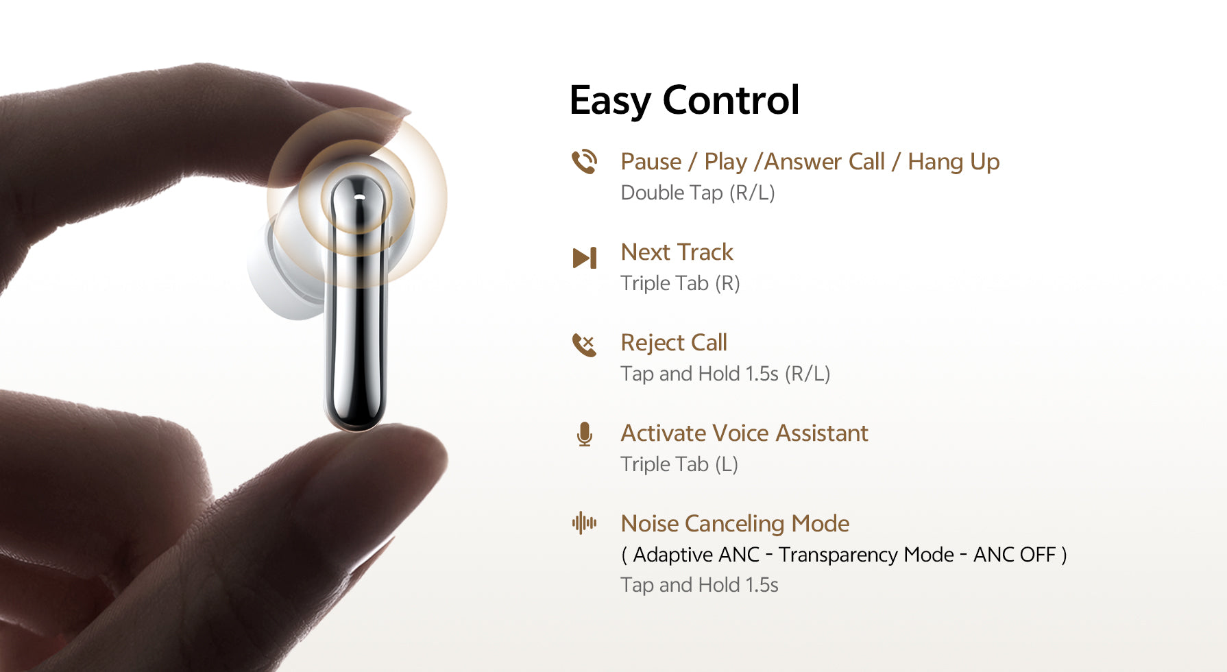 Dito che tiene auricolari in-ear bianchi con controllo touch per musica e chiamate.