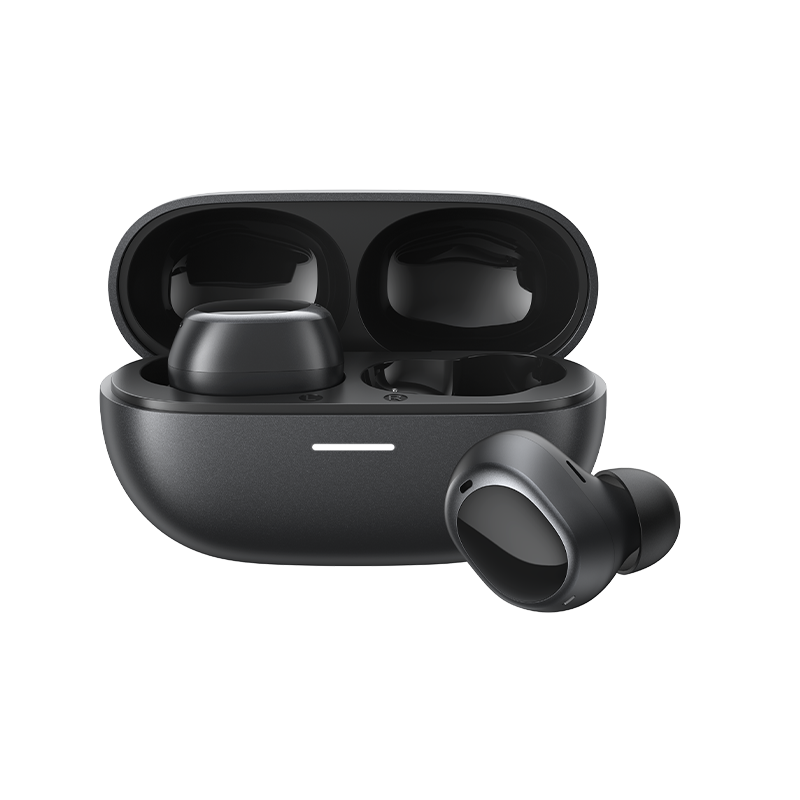 QCY MeloBuds A30 Auricolari True Wireless neri, custodia di ricarica aperta con un auricolare accanto