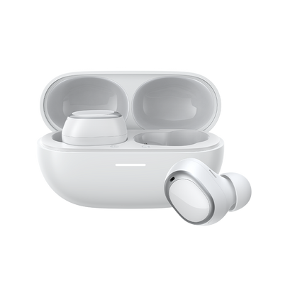 QCY MeloBuds A30 Auricolari True Wireless bianchi, con custodia di ricarica e un auricolare estratto