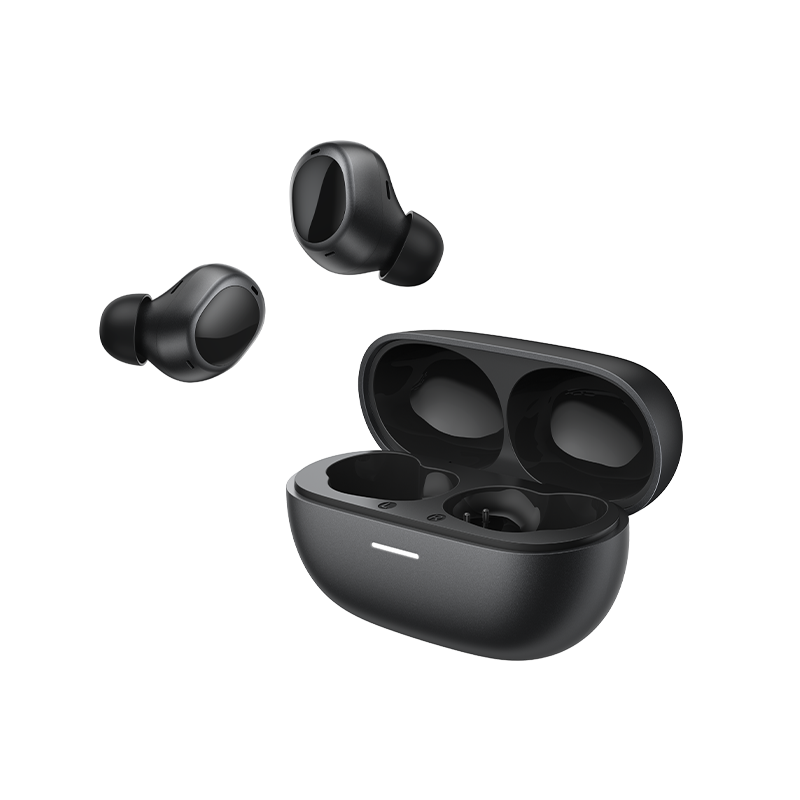 QCY MeloBuds A30: Auricolari True Wireless neri lucidi con custodia di ricarica aperta su sfondo bianco