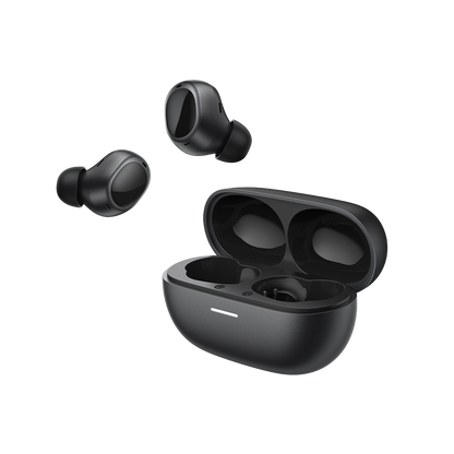 QCY MeloBuds A30: Auricolari True Wireless neri lucidi con custodia di ricarica aperta su sfondo bianco
