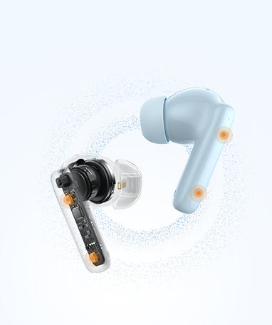 Auricolari Bluetooth con custodia trasparente e padiglione auricolare blu, dettagli di design moderni e accenti arancioni.