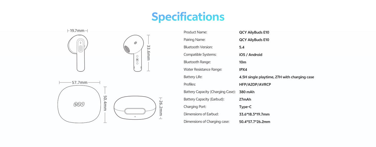 Auricolari Bluetooth QCY AilyBuds E10 con custodia di ricarica, impermeabili IPX4, Bluetooth 5.4, batteria da 4,5h, compatibili con iOS e Android