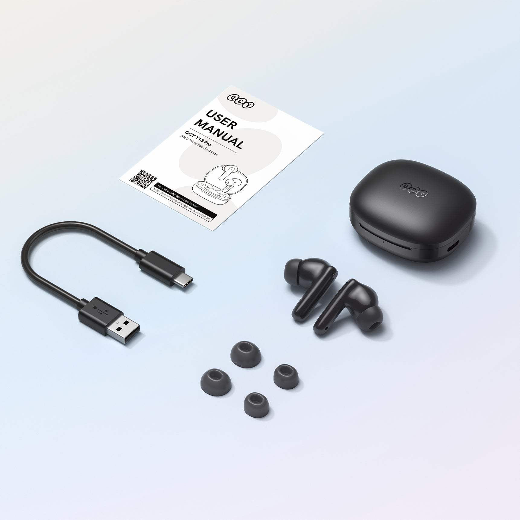 Auricolari Bluetooth QCY T13 Pro con custodia di ricarica, cavo USB-C e gommini in silicone di ricambio – set completo per un’esperienza d’ascolto ottimale