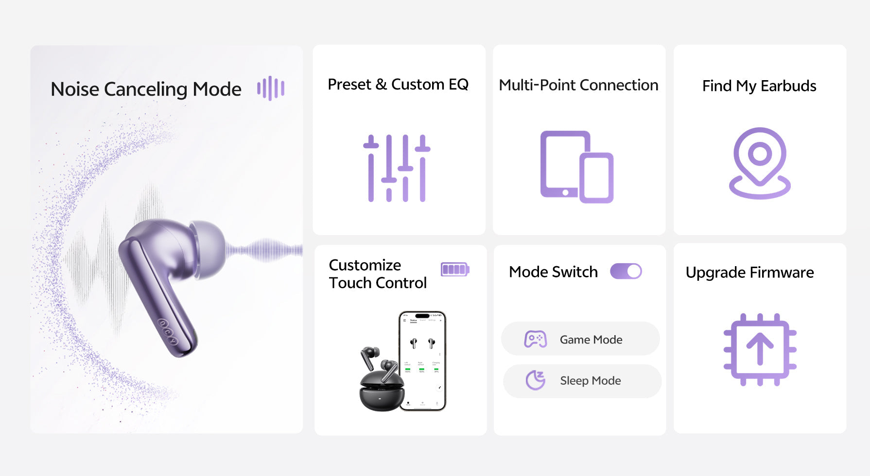 Cuffie silenziose con cancellazione del rumore, controllo touch e connessione multi-punto.