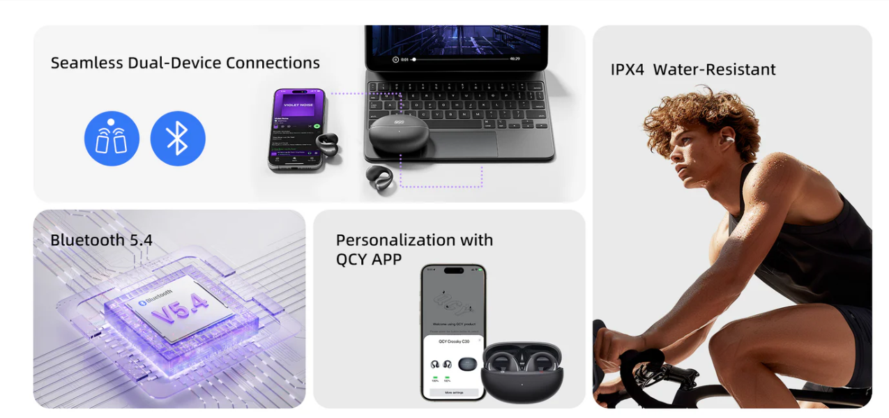 Cuffie Bluetooth QCY: doppia connessione, impermeabili IPX4, Bluetooth 5.4 e controllo tramite app per sport e uso quotidiano.