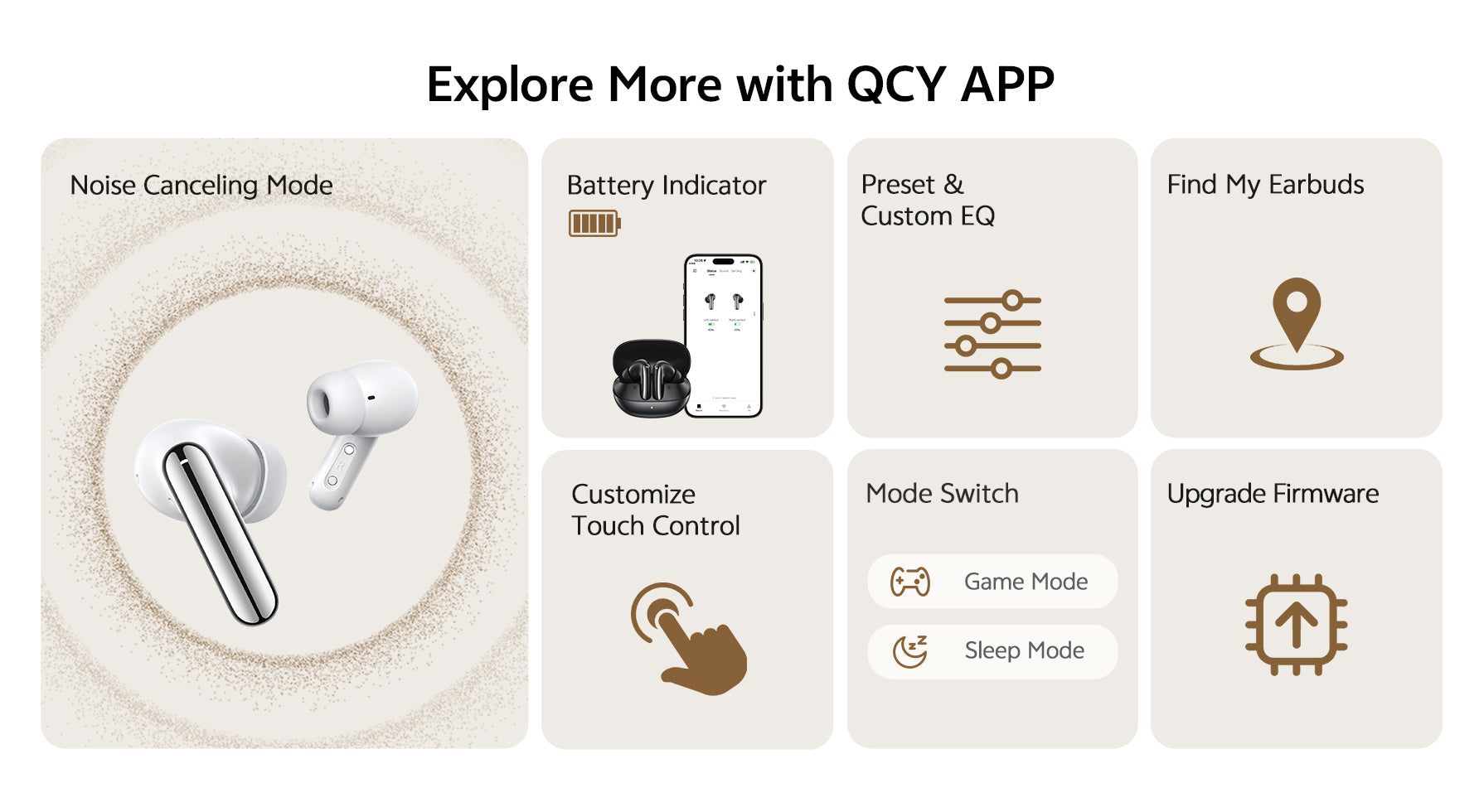 Auricolari QCY con cancellazione del rumore, regolazione EQ e controllo tramite app.