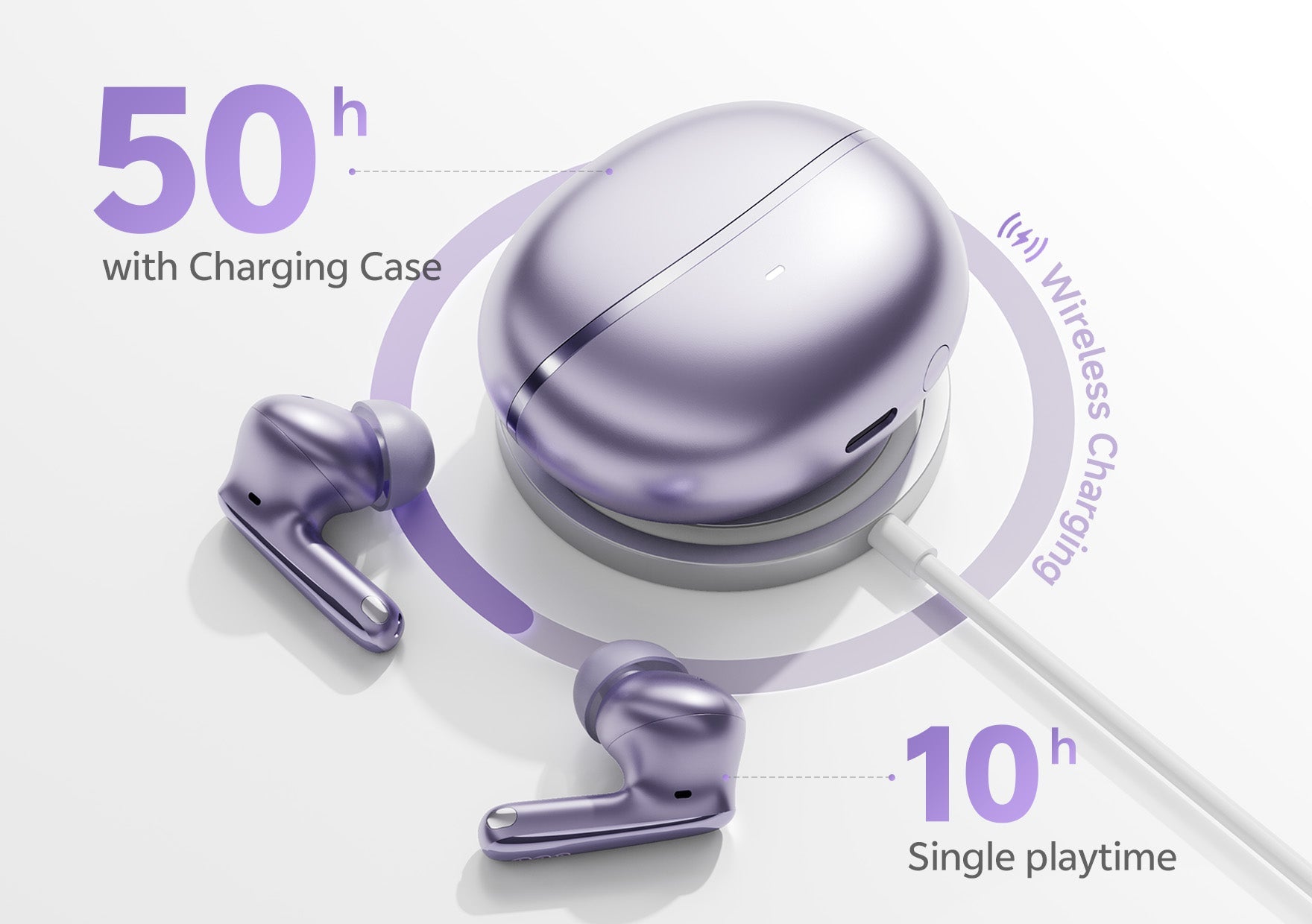 Cuffie wireless viola con custodia di ricarica: 50h di autonomia, 10h di riproduzione singola, ricarica wireless.